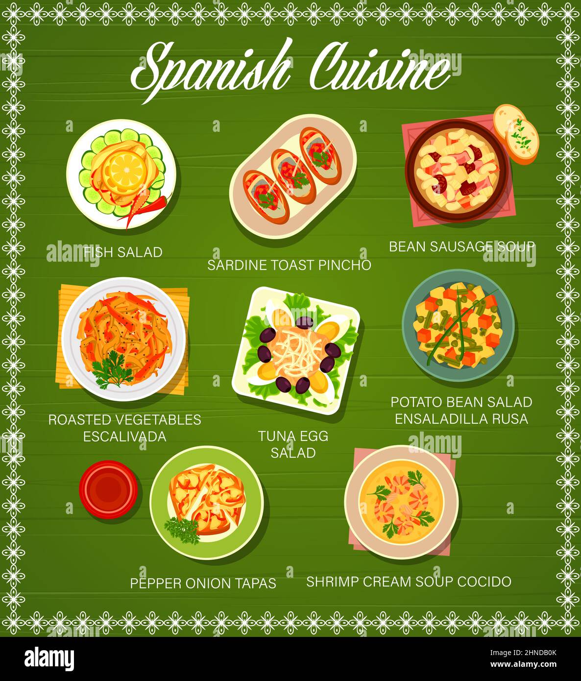 Spanish cuisine restaurant menu vector card with vegetable tapas, meat and fish food dishes. Tuna, egg and olive salad, shrimp cream soup and sausage Stock Vector