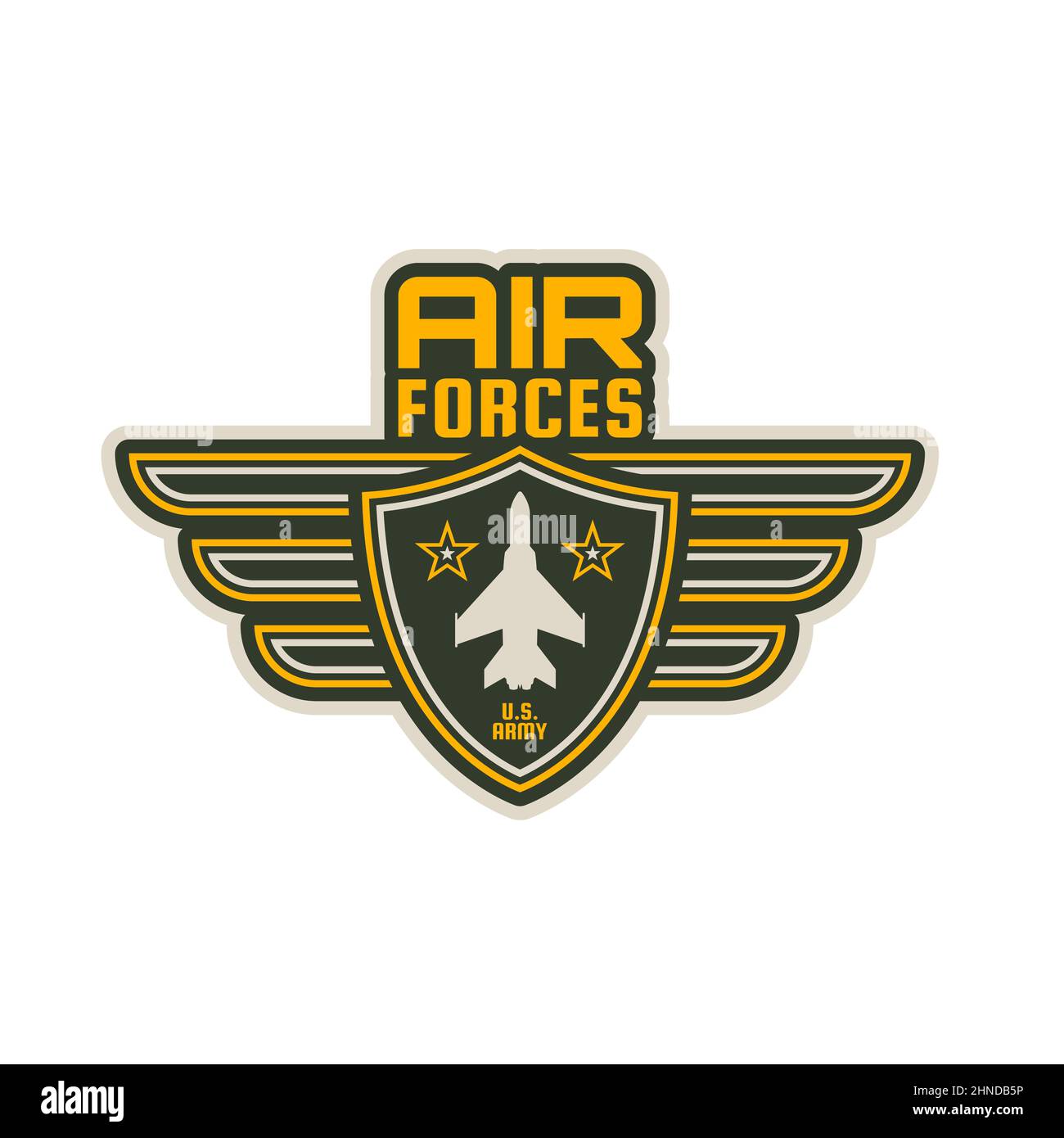 Air forces patch vector icon with wings of military aircraft, plane and stars on shield. Army or navy aviation heraldic badge or symbol design for arm Stock Vector