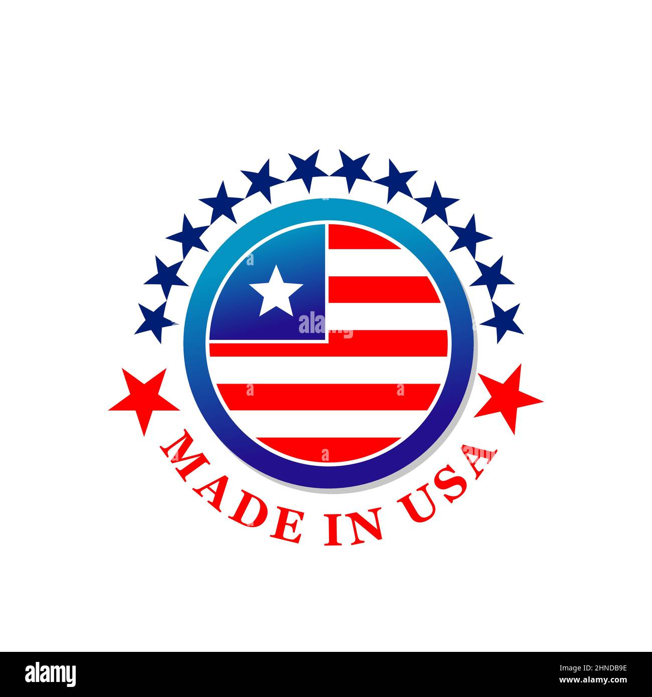 Made in USA label icon with vector flag of United States of America. Isolated round badge with American national banner of red, white and blue stripes Stock Vector