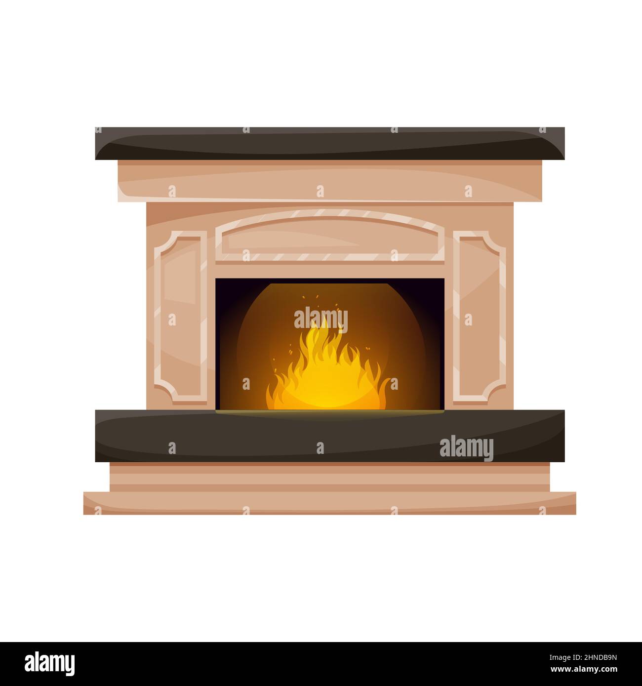 Home fireplace, interior fireside with burning fire. Vector traditional