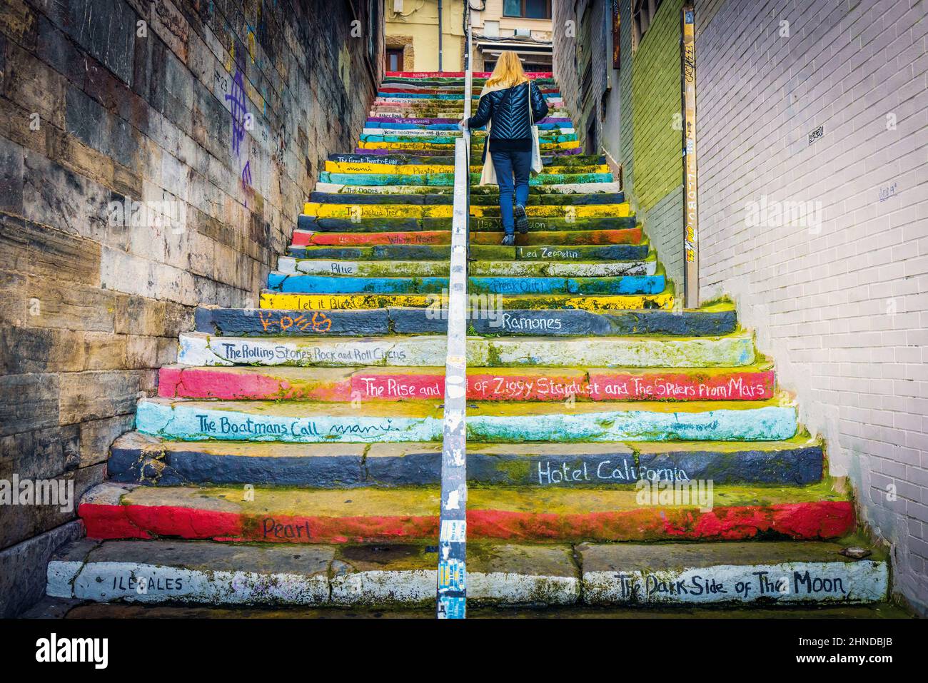 Stairway to Heaven, calle de Claudio Alvargonzález, Gijon, Asturias, Spain.  The stairway celebrating Rock and Roll was created by a street artist kno Stock Photo