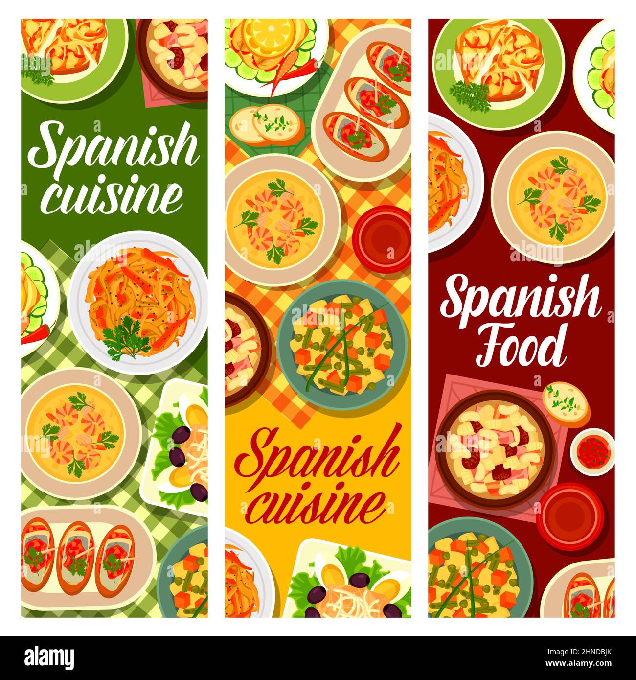 Spanish cuisine food dishes vector banners of vegetable tapas, fish salad and pork meat sausage stew. Seafood shrimp soup, sardine toast pinchos and e Stock Vector