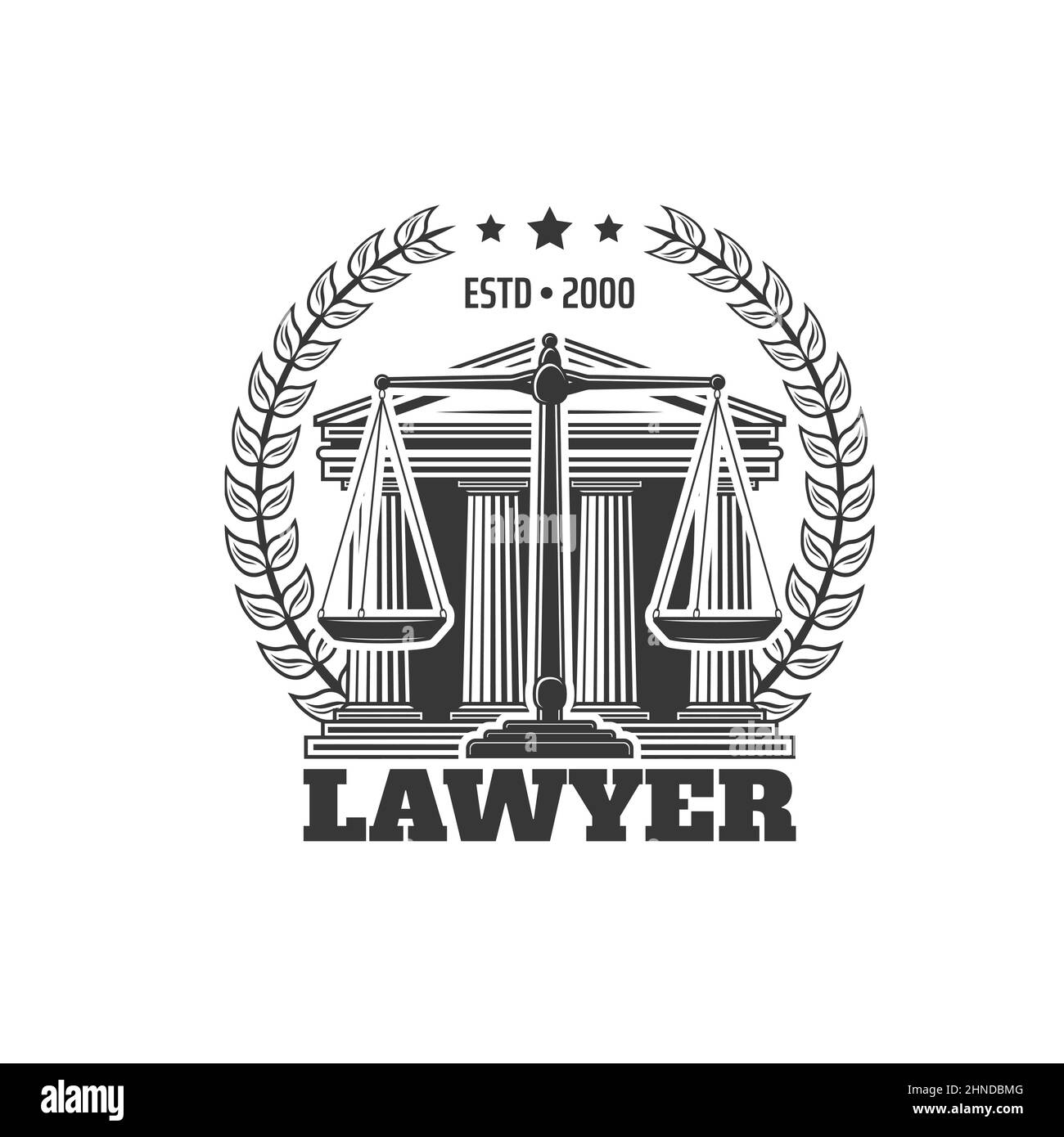 Lawyer icon with courthouse building, scales of justice and laurel ...