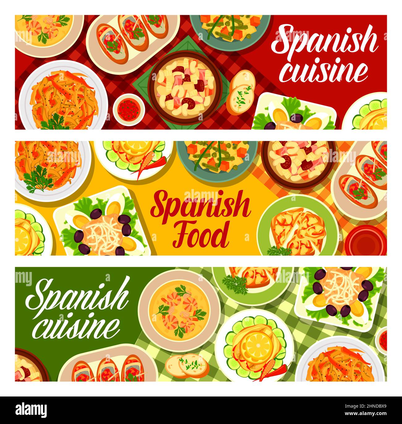 Spanish cuisine food vector banners of vegetable tapas with meat, seafood and fish dishes. Sausage bean stew, shrimp cream soup and sardine toast pinc Stock Vector