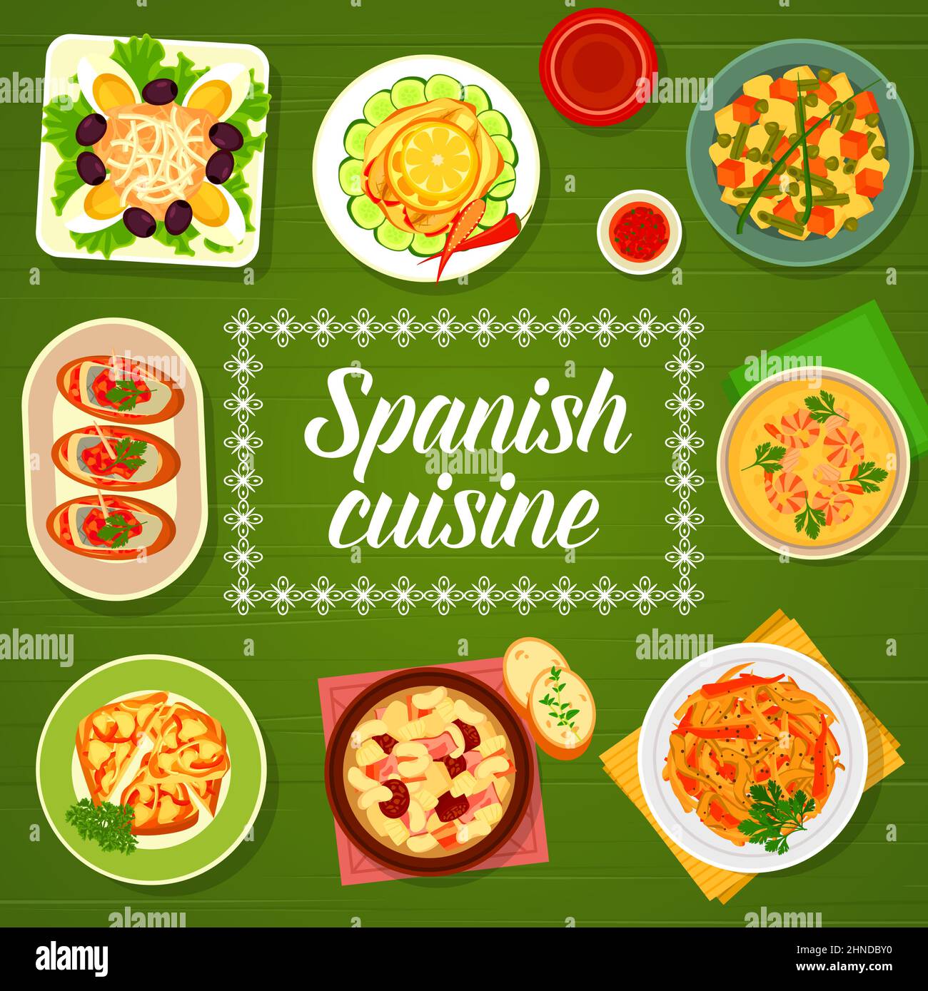 Spanish cuisine restaurant menu cover with vector frame of vegetable, meat, fish and seafood dishes. Pepper tapas, sardine toast, tuna, egg and olive Stock Vector