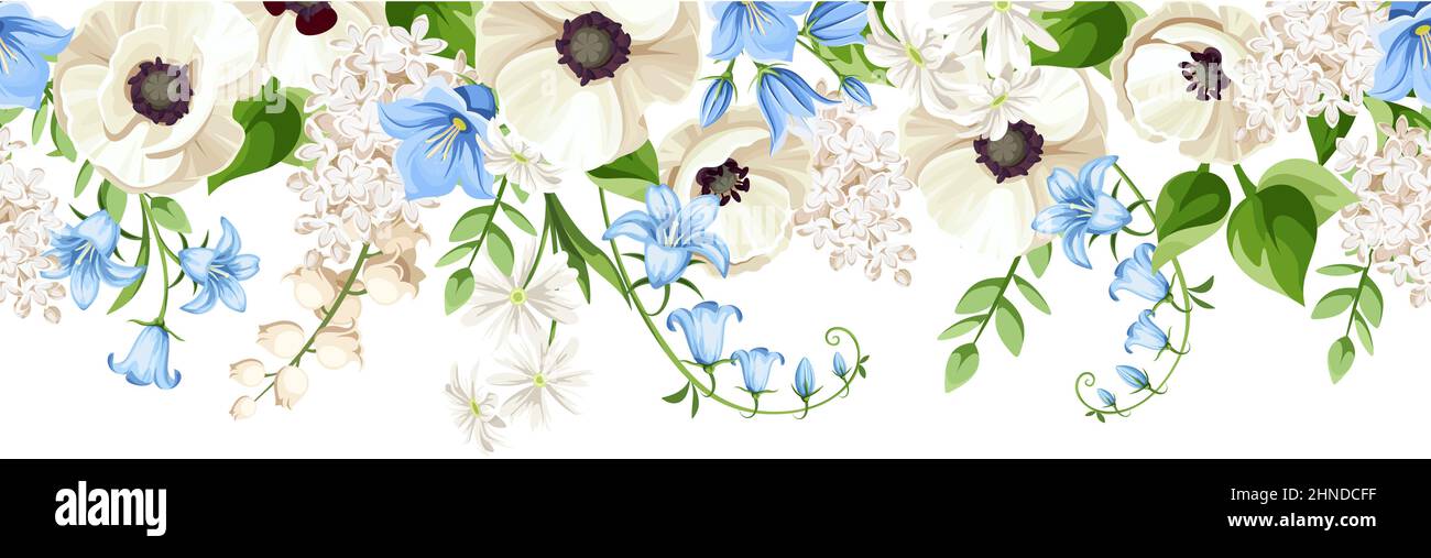Horizontal seamless border with hanging flowers (white poppy and lily of the valley flowers and blue harebell flowers). Vector illustration Stock Vector