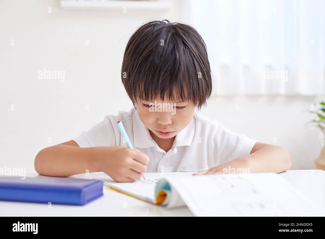 Japanese Elementary School Boy Doing His Homework Stock Photo Alamy