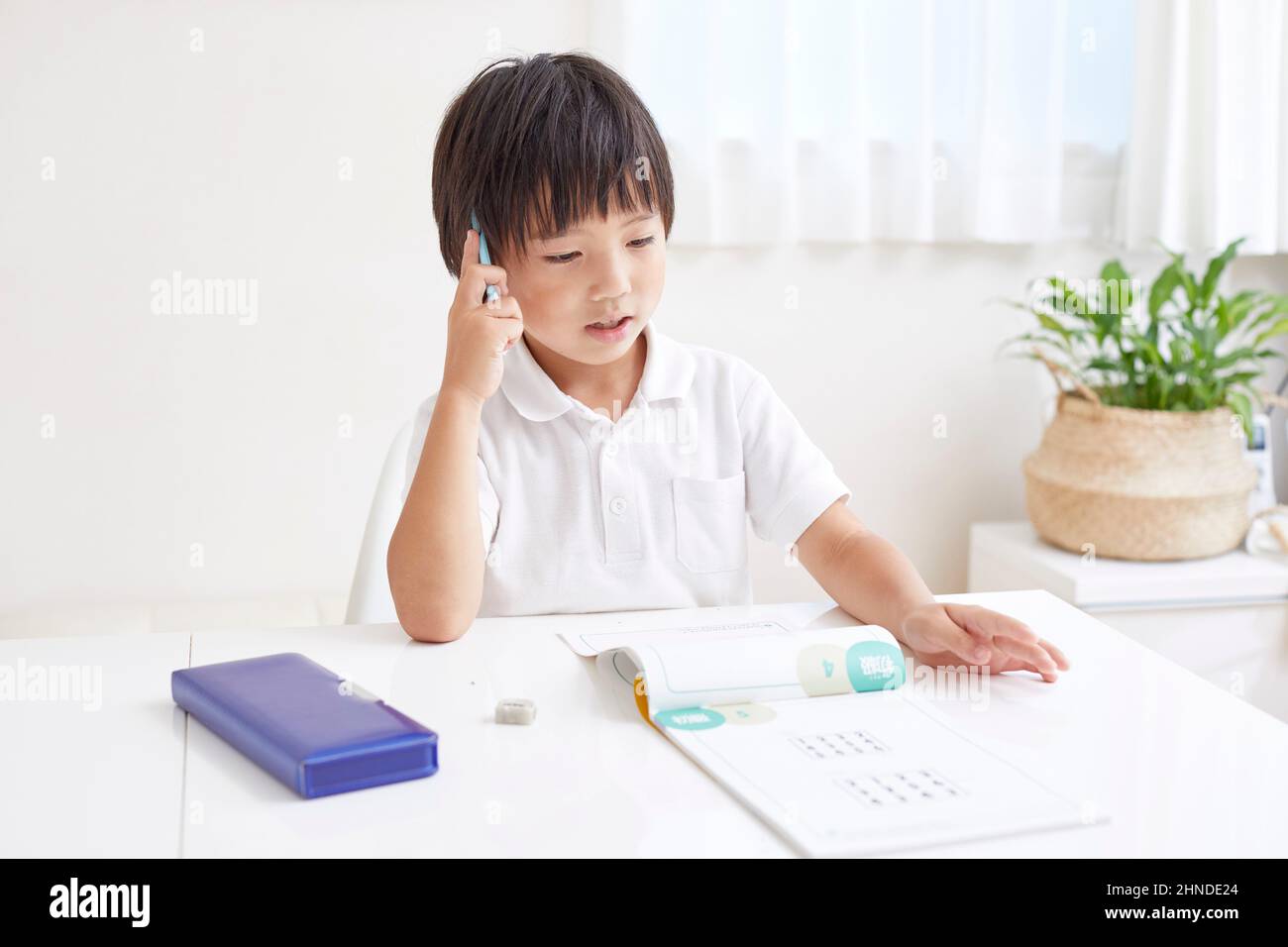 Japanese Elementary School Boy Doing His Homework Stock Photo Alamy