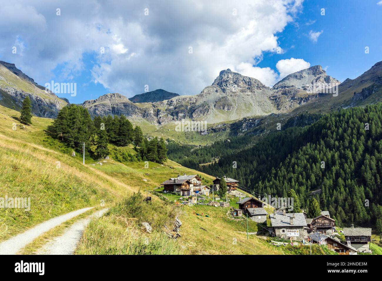 Italy, Aosta Valley, Champoluc, Crest mountain, Cuneaz village Stock Photo