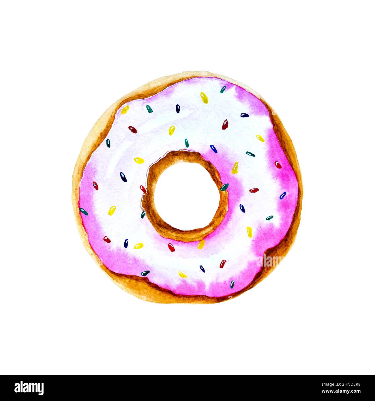 Watercolor donut in a pink glaze with rainbow sugar sprinkles vector ...
