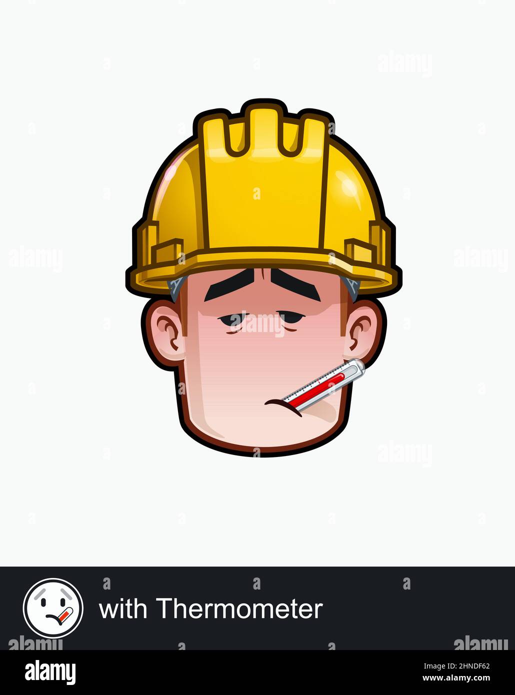 Icon of a construction worker face with Fever and Thermometer emotional expression. All elements neatly on well described layers and groups. Stock Vector