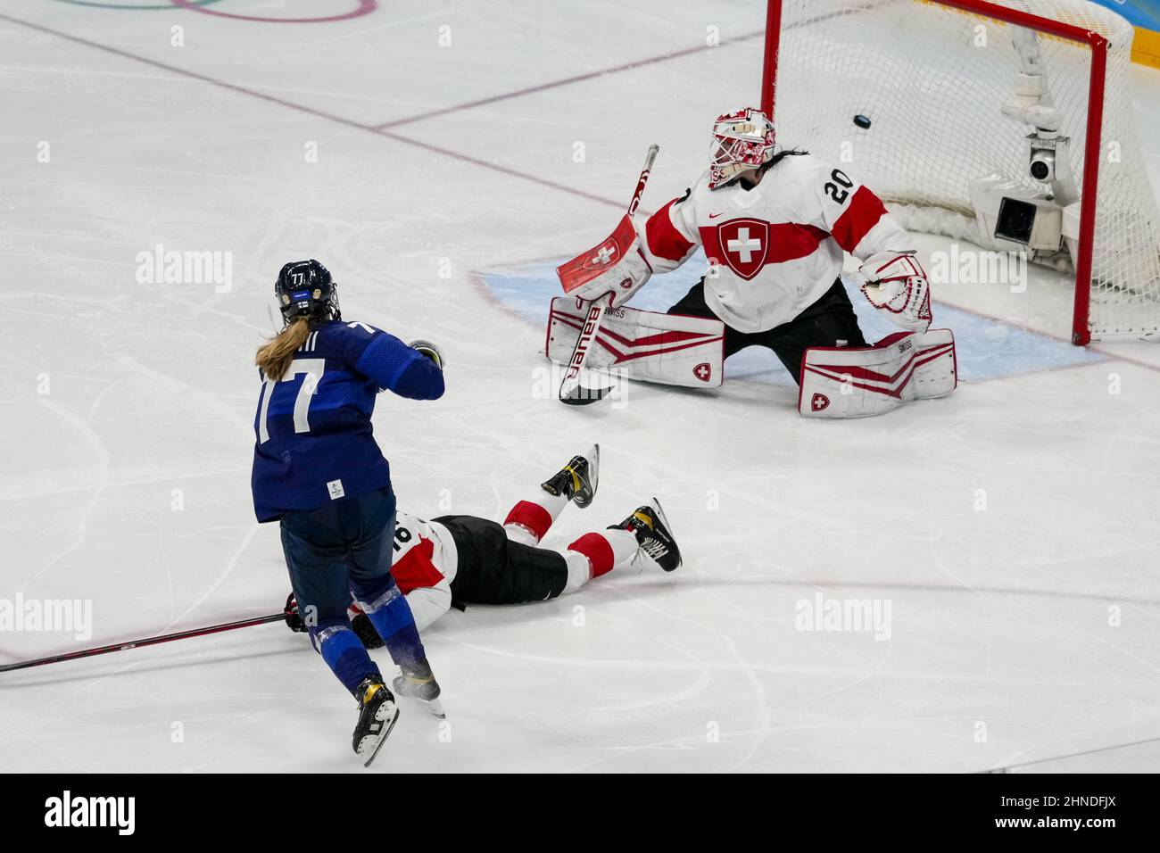 Beijing, China. 16th Feb, 2022. Finland forward Susanna Tapani #77 shoots to score her team's second goal past Switzerland goalkeeper Andrea Braendli #20 during their Women's Ice Hockey Bronze Medal match at the Wukesong sports center at the Beijing 2022 Winter Olympics on Wednesday, February 16, 2022. Photo by Paul Hanna/UPI Credit: UPI/Alamy Live News Stock Photo