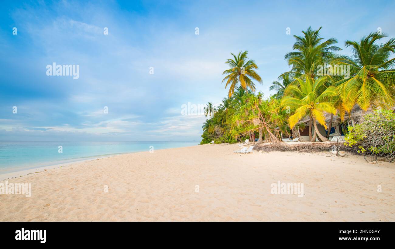 Tropical island. Indian Ocean. Maldives. White sand beach, palm trees above the water. Chaise lounges for rest. Relaxed vacation. Stock Photo