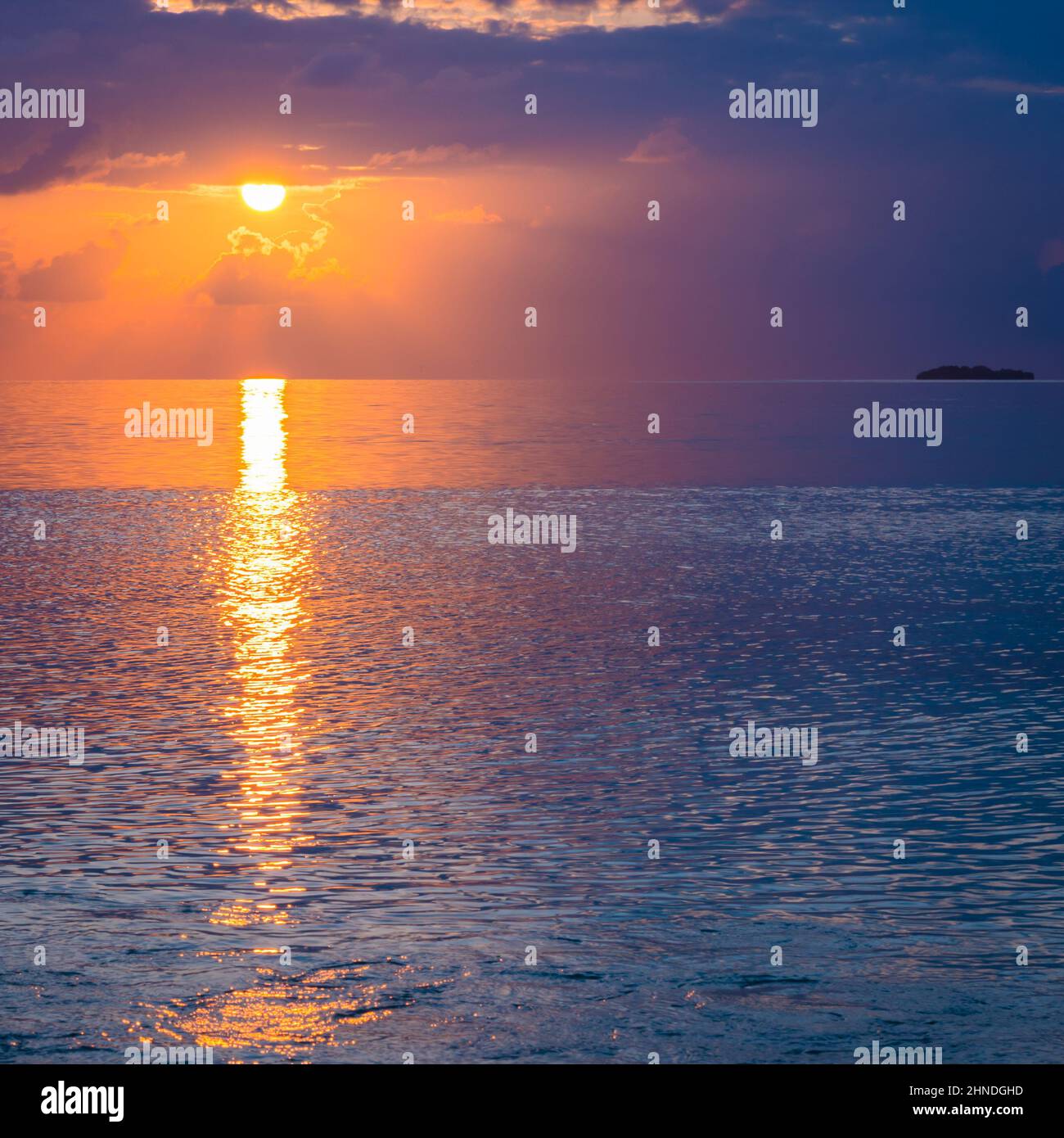 A bright fantastic sunset in the tropics. The sun sets over the horizon ...