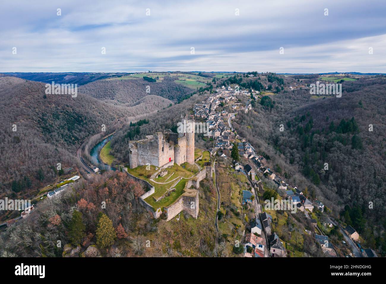Aerial view of Château de Najac (Castle of Najac) and Najac village on