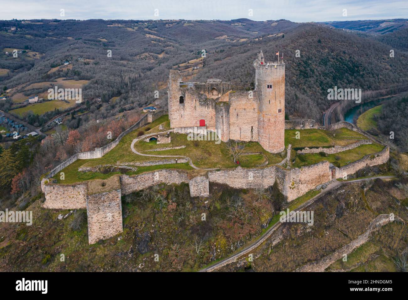 Aerial view of Château de Najac (Castle of Najac) and Najac village on