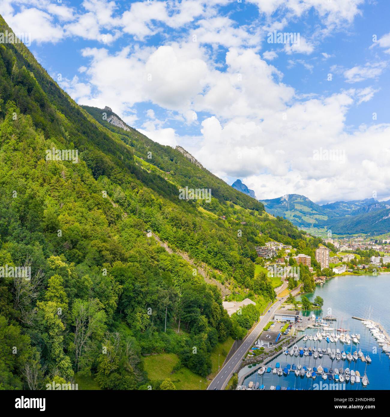 Brunen Lake Rocks Yacht Club. Switzerland. Town Brunnen. Lake Vierwaldstattersee Stock ...