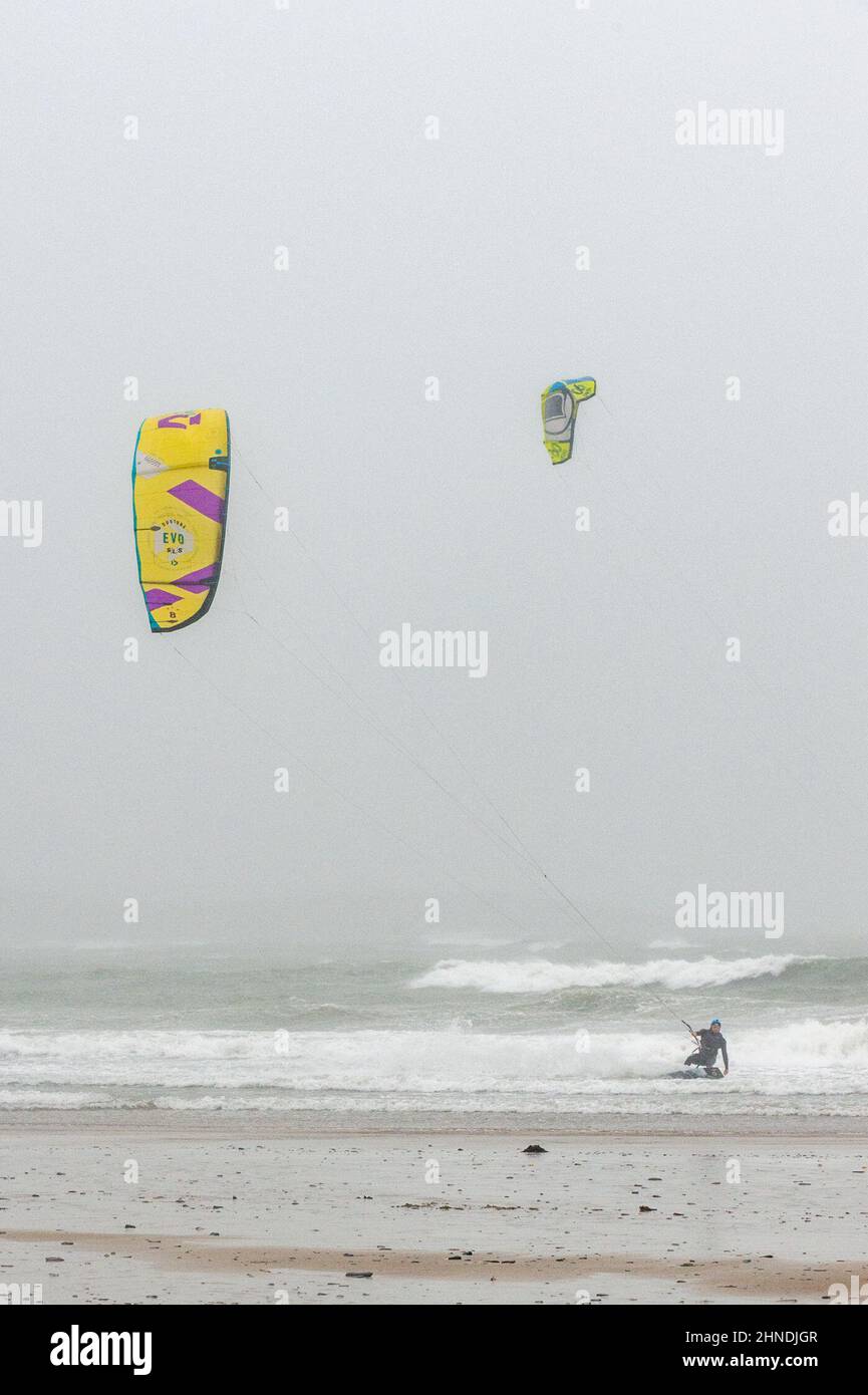 Garrylucas, West Cork, Ireland. 16th Feb, 2022. Storm Dudley hit Ireland today with 65KMH winds and gusts of up to 110KMH. Kite surfers took the opportunity to take to the sea. Credit: AG News/Alamy Live News Stock Photo