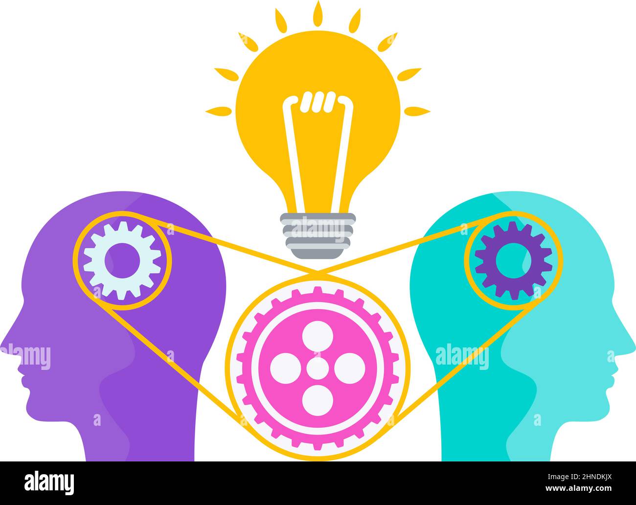 Human thinking. Human head with gears. Interaction between people. Communication and influence. Flat vector illustration Stock Vector