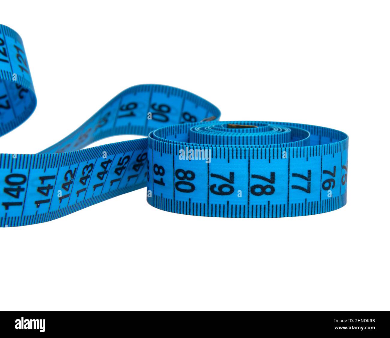Blue tape measure tool isolated on the white background Stock Photo