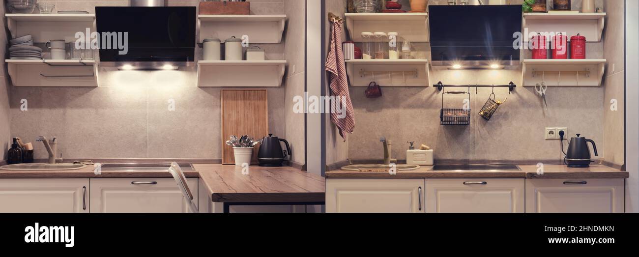 Home kitchen with and without a bar counter. Before and after