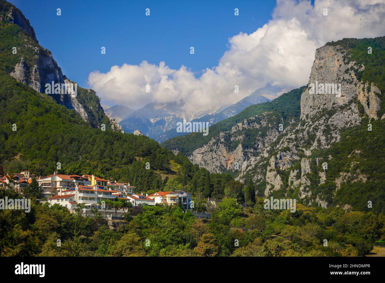 The town of Litochoro with Mount Olympus in the background Stock Photo