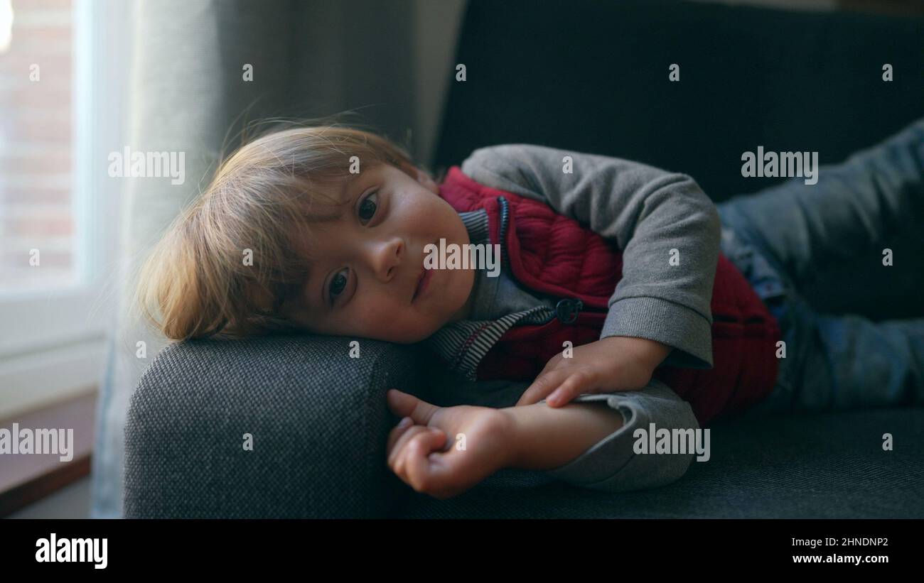 Cute child boy lying on sofa looking at camera Stock Photo - Alamy