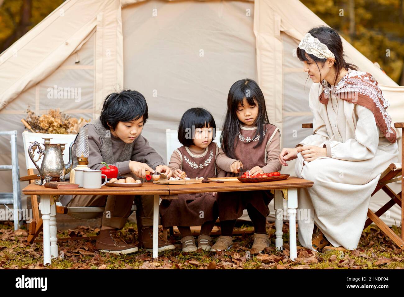 Japanese Family Making Camping Rice Stock Photo Alamy