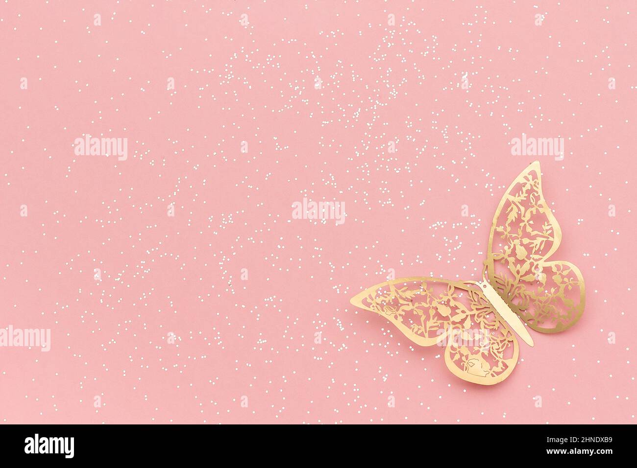 Sparkles glitter and gold tracery butterfly on pink pastel trendy