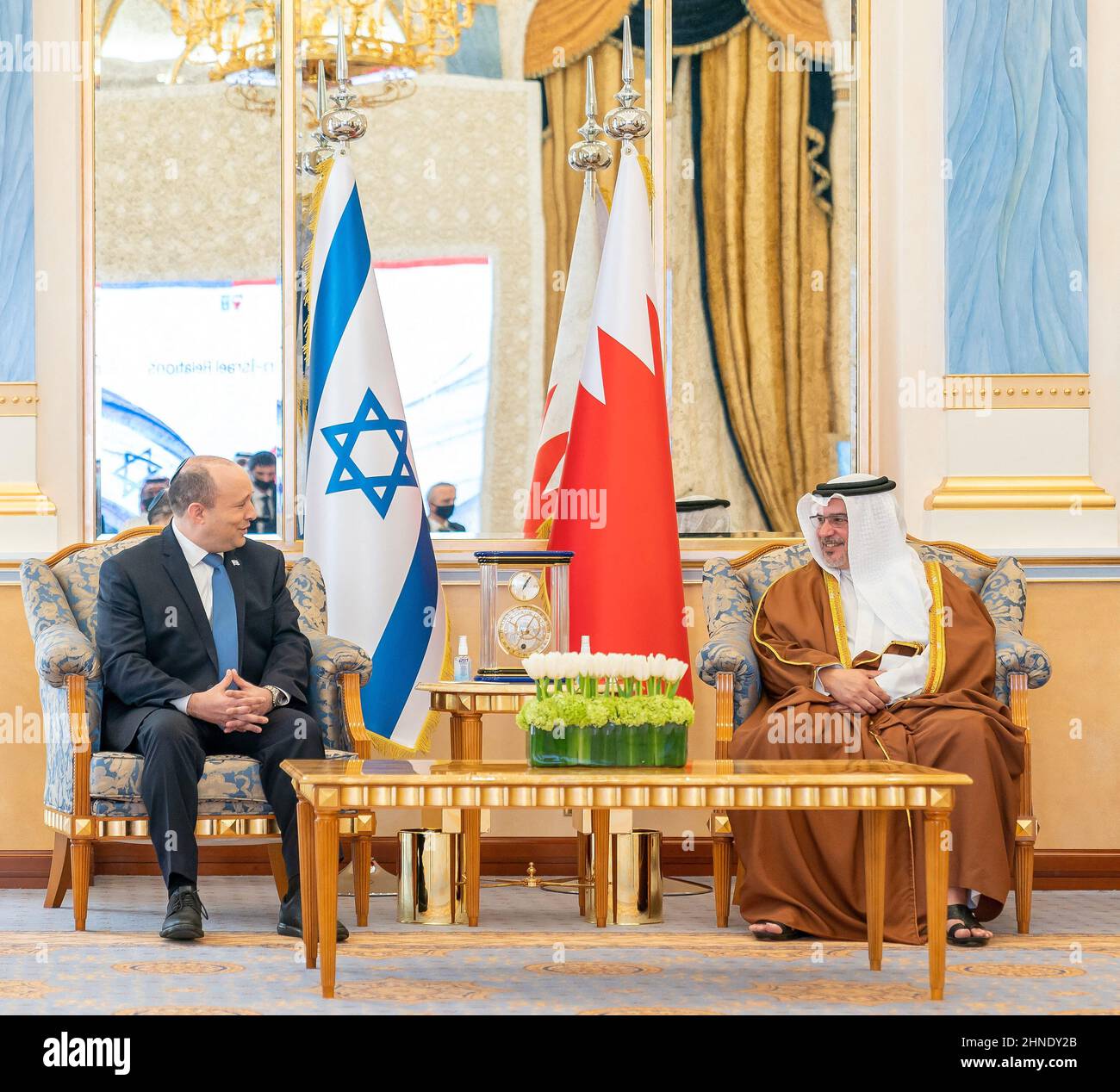 Manama, Bahrain, on February 15, 2022. Bahrain’s Crown Prince Salman bin Hamad Al Khalifa (right