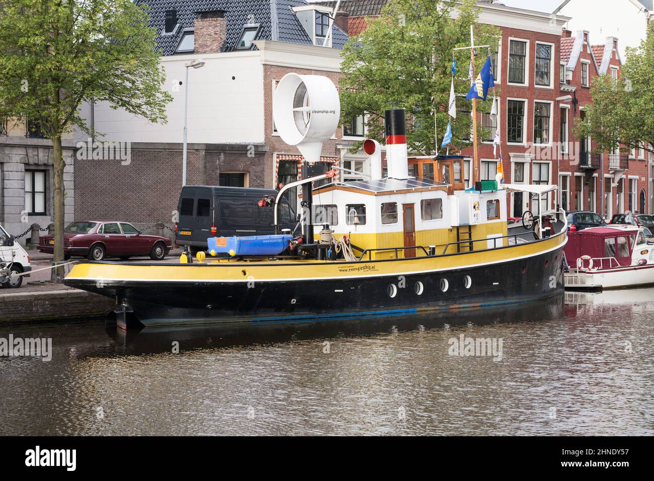 An environmentally friendly electrically propelled ship Berezina moored in Harlem, Holland, Europe Stock Photo