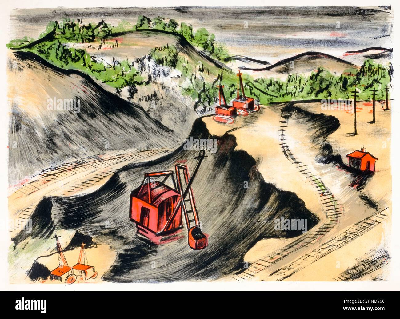 View of a Mining Site, USA New Deal art, lithographic print, 1933-1943 Stock Photo