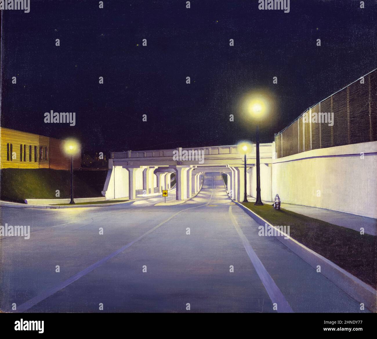 1930s America, Empty road and underpass at Night, New York, painting, oil on photograph mounted on canvas then mounted on paperboard , 1933-1934 New Deal art - unidentified artist Stock Photo