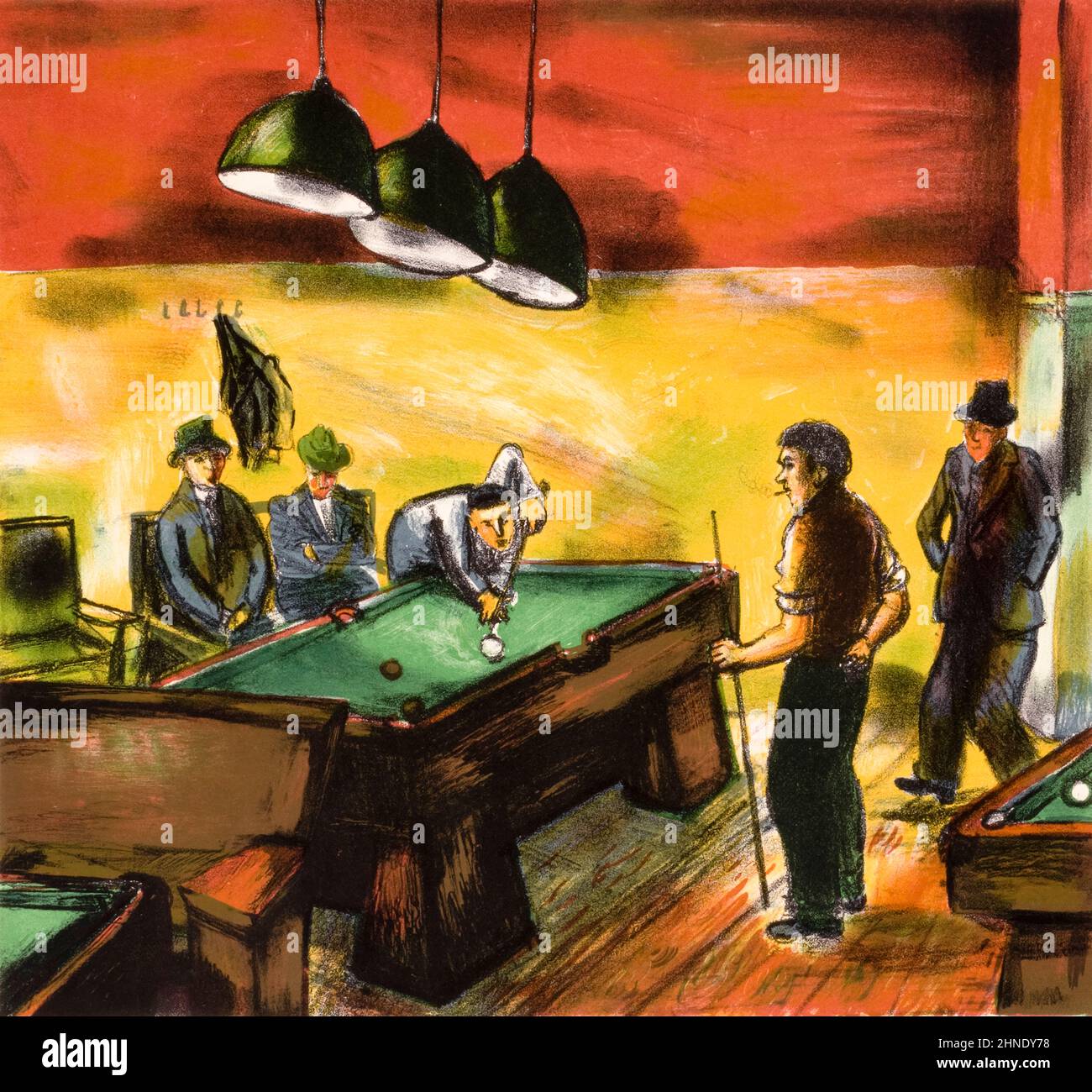 1930s America, Men playing Pool or Billiards, New Deal art, lithographic print, 1933-1943 - unidentified artist Stock Photo