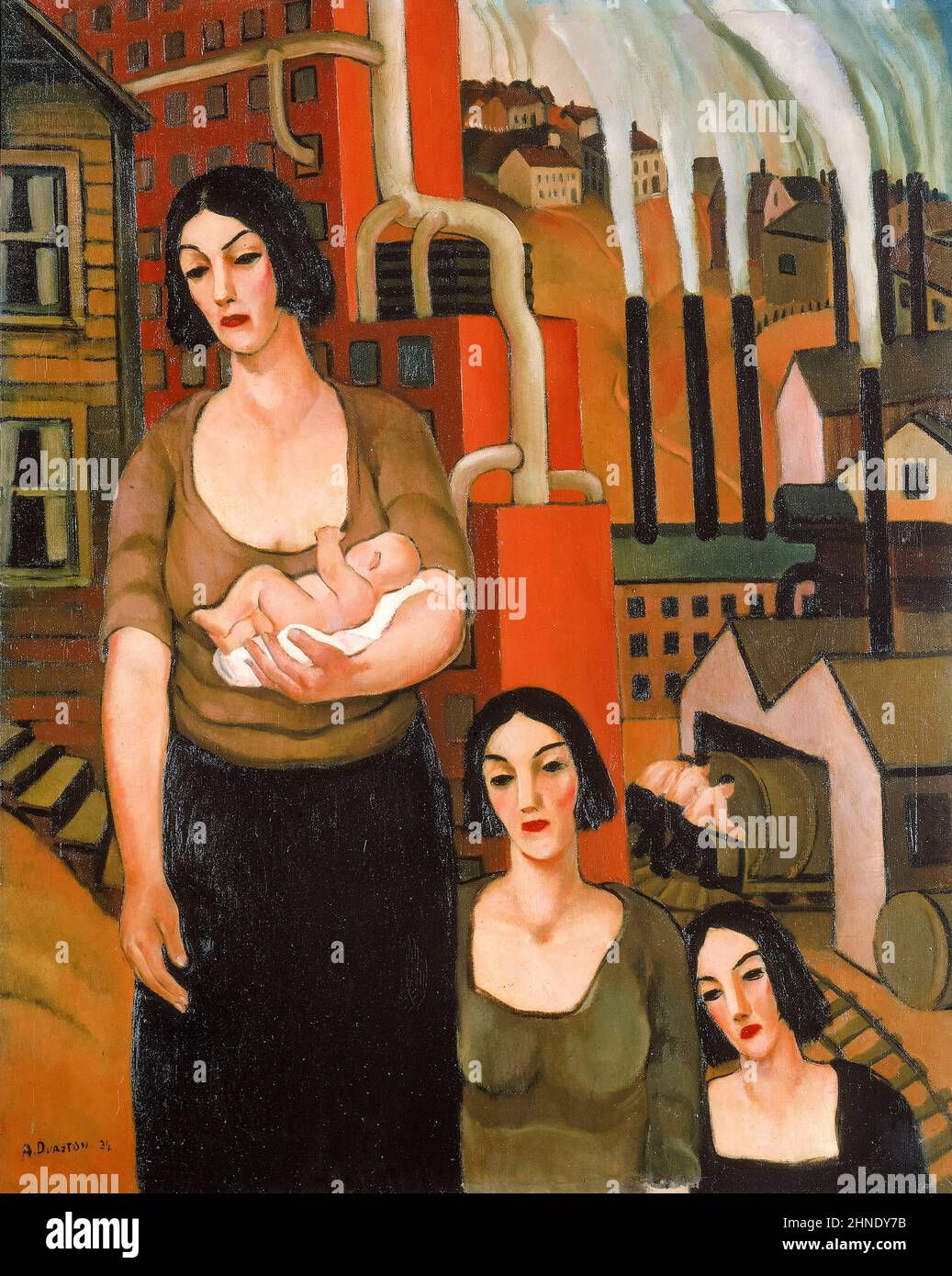 Arthur Durston, Industry (Three women, one holding a baby in front of a factory), painting, oil on canvas, 1934 New Deal art Stock Photo