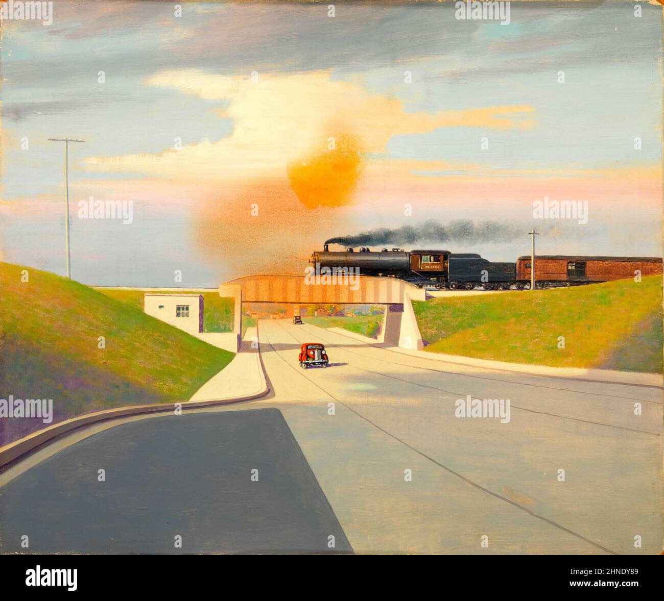 unidentified artist, 1930s America, Cars on a road passing under a bridge as a steam train crosses overhead, painting, oil on canvas, mounted on fibreboard, 1933-1943 Stock Photo
