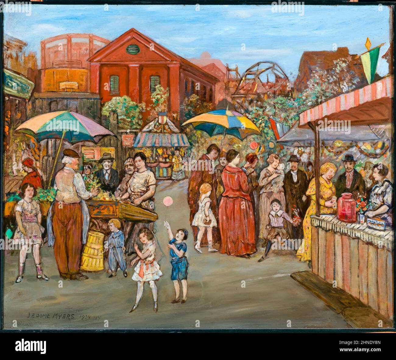Jerome Myers, Italians in Jefferson Park, (Fair with stalls and stands), painting, oil on fibreboard, 1934 New Deal art Stock Photo