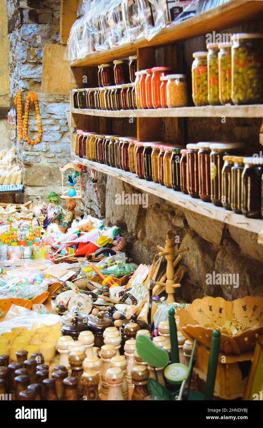 Colorful different kinds of traditional products. Side view of handmade