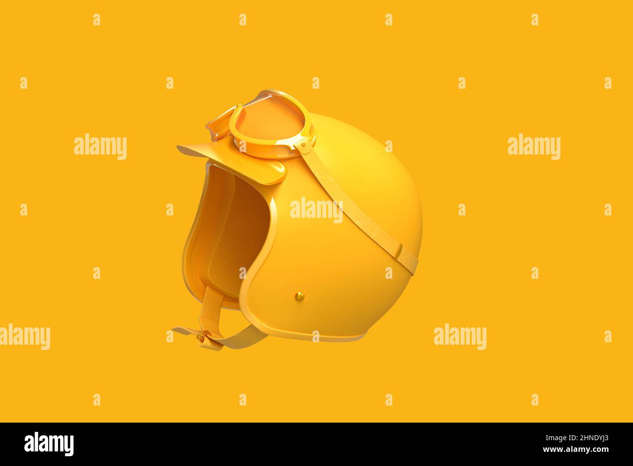 Close-up of yellow motorcycle helmet on yellow background. 3D Rendering Stock Photo