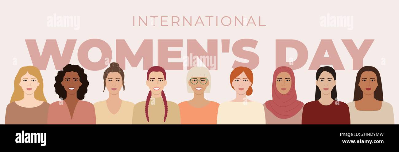 International Womens Day poster. Women with different hairstyles, skin ...