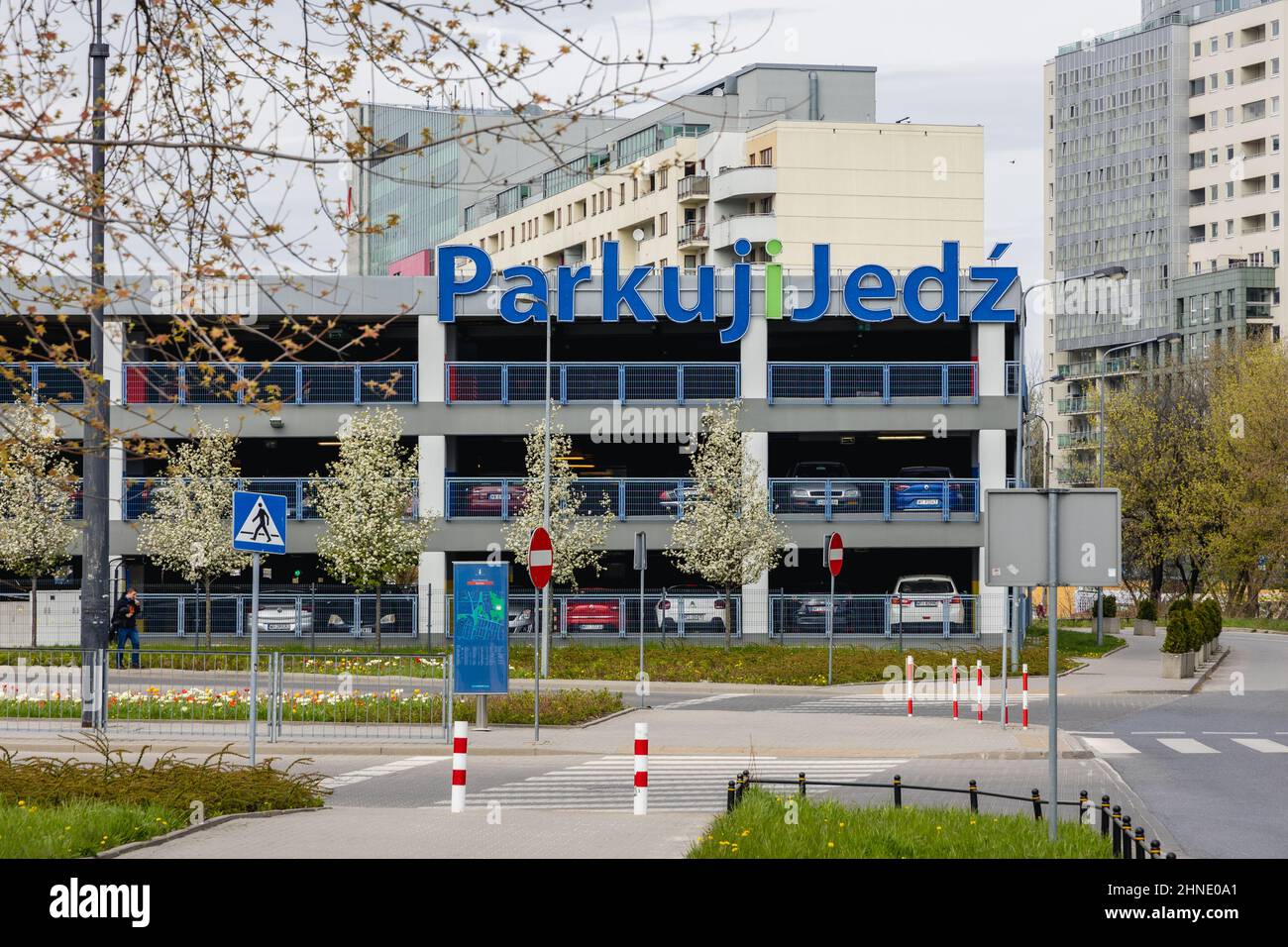 Park and ride parking lot next to Wilanowska subway station in Warsaw city, Poland Stock Photo