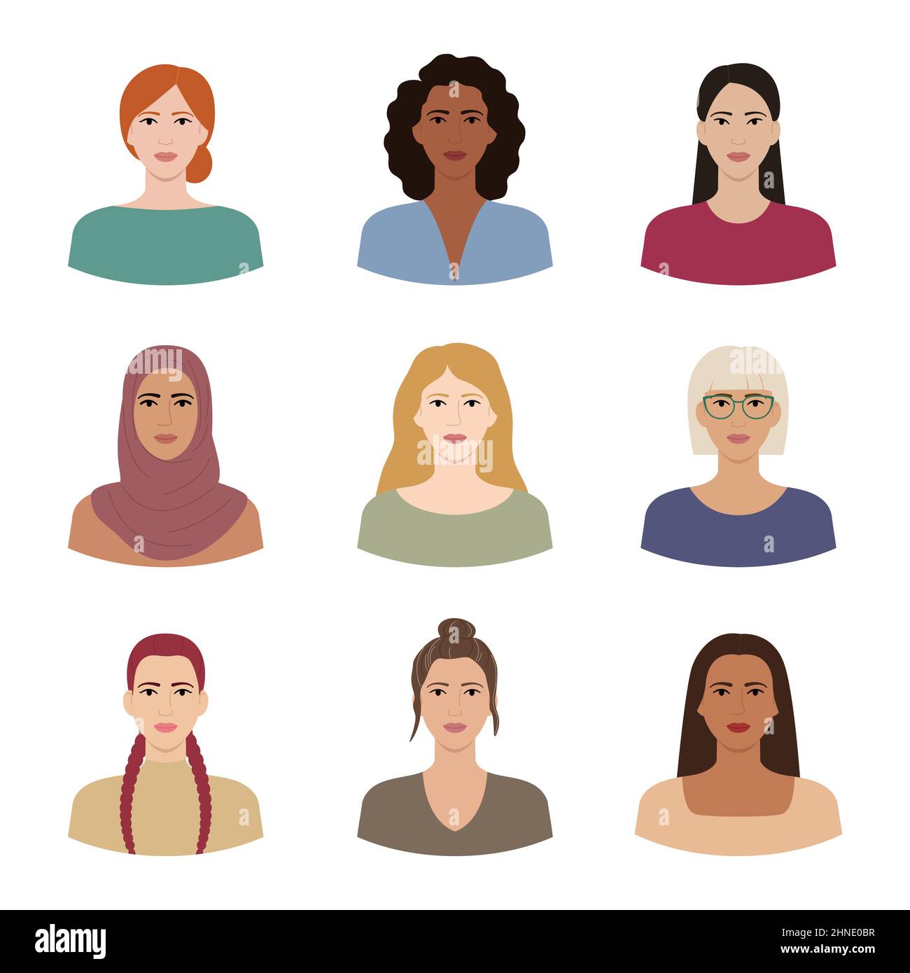 Set of women with different hairstyles, skin colors, races, ages. Diverse portraits of smiling women isolated on white background. Variations of femal Stock Vector