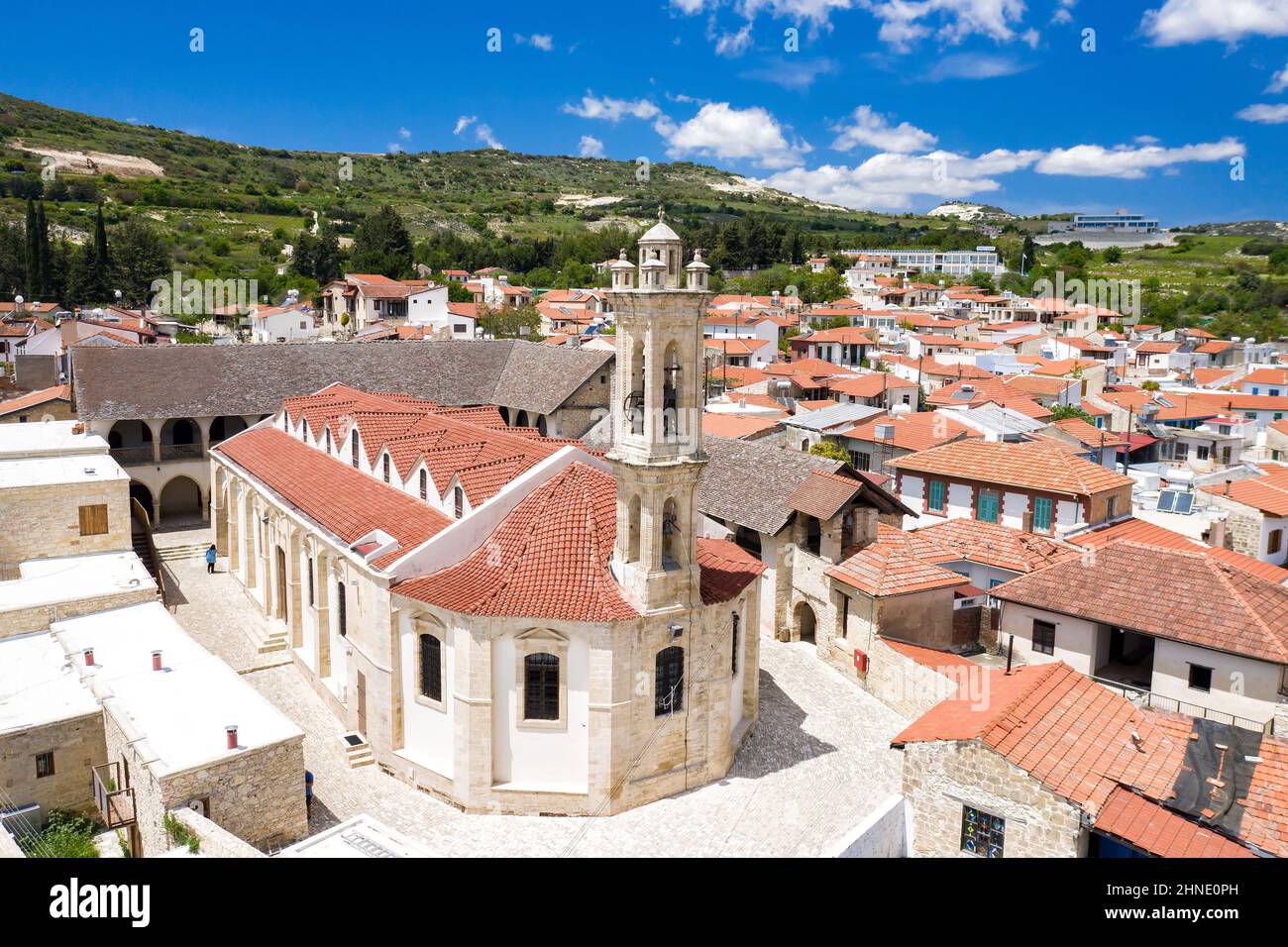View of Omodos village and Timios Stavros Monastery. Limassol District, Cyprus Stock Photo