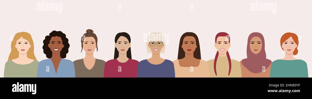 Women with different hairstyles, skin colors, races, ages stand together. Diverse portraits of smiling women. Girl power. Female empowerment. Flat vec Stock Vector