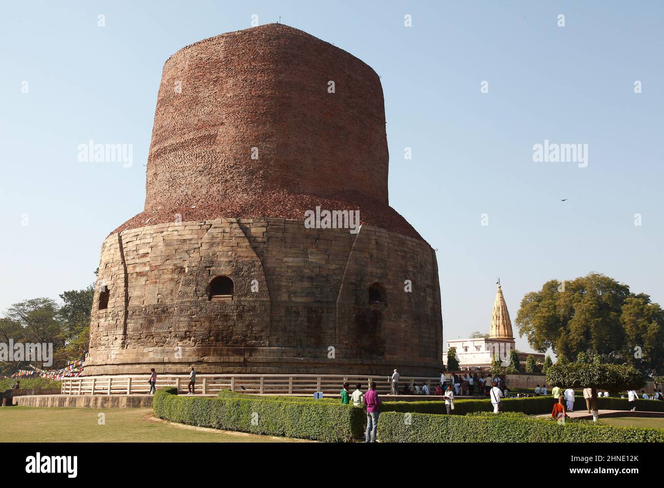 The 34metre high Dhamekh Stupa built in the 5th.Century AD at Sarnath in Utter Pradesh, India; where Buddha delivered his 1st.Sermon to 5 disciples Stock Photo