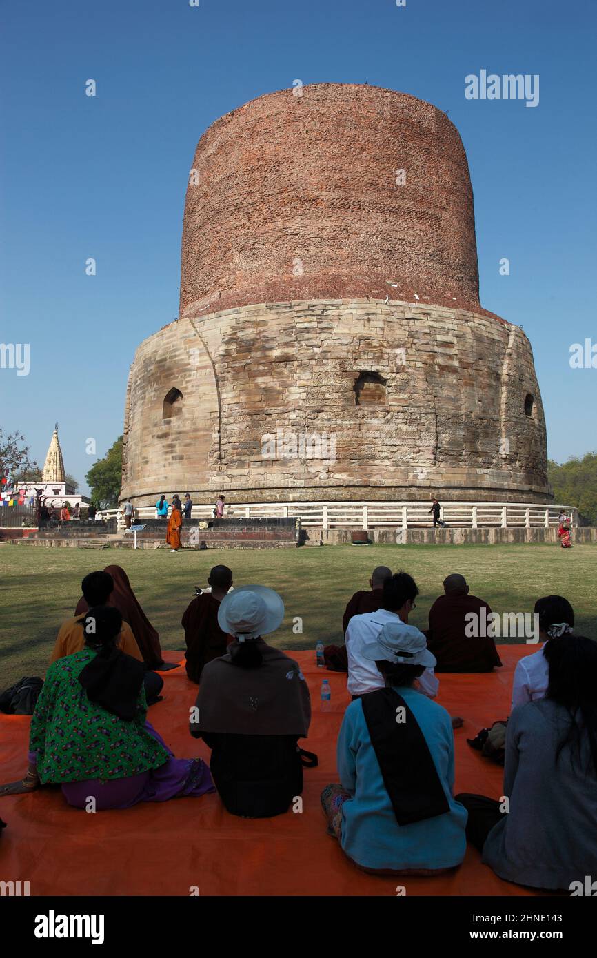 The 34metre high Dhamekh Stupa built in the 5th.Century AD at Sarnath in Utter Pradesh, India; where Buddha delivered his 1st.Sermon to 5 disciples Stock Photo