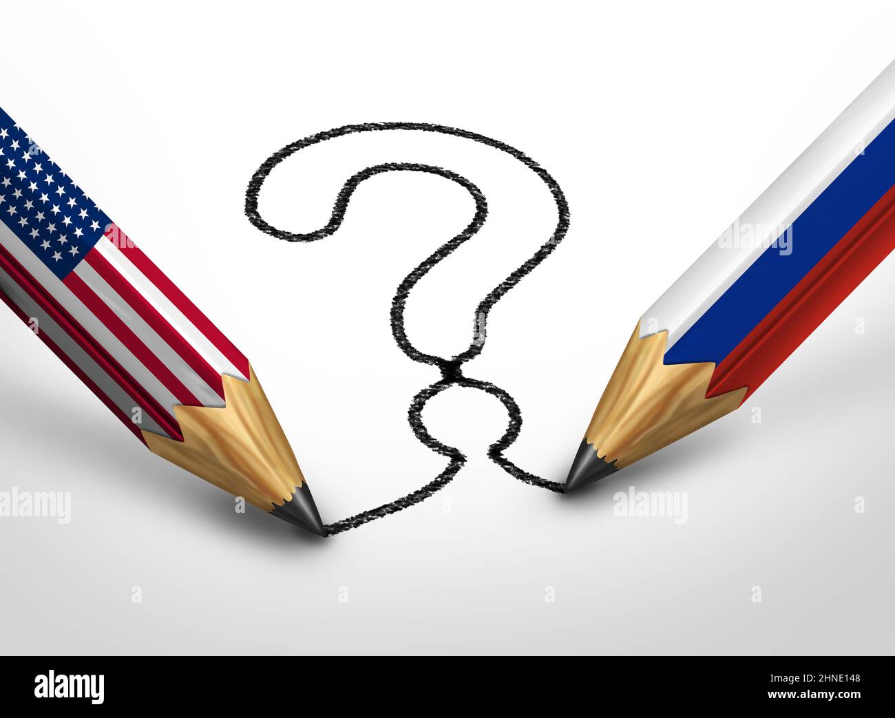 Russia American question and Russian United States questions as a current political crisis uncertainty as national flags with Moscow and Washington. Stock Photo