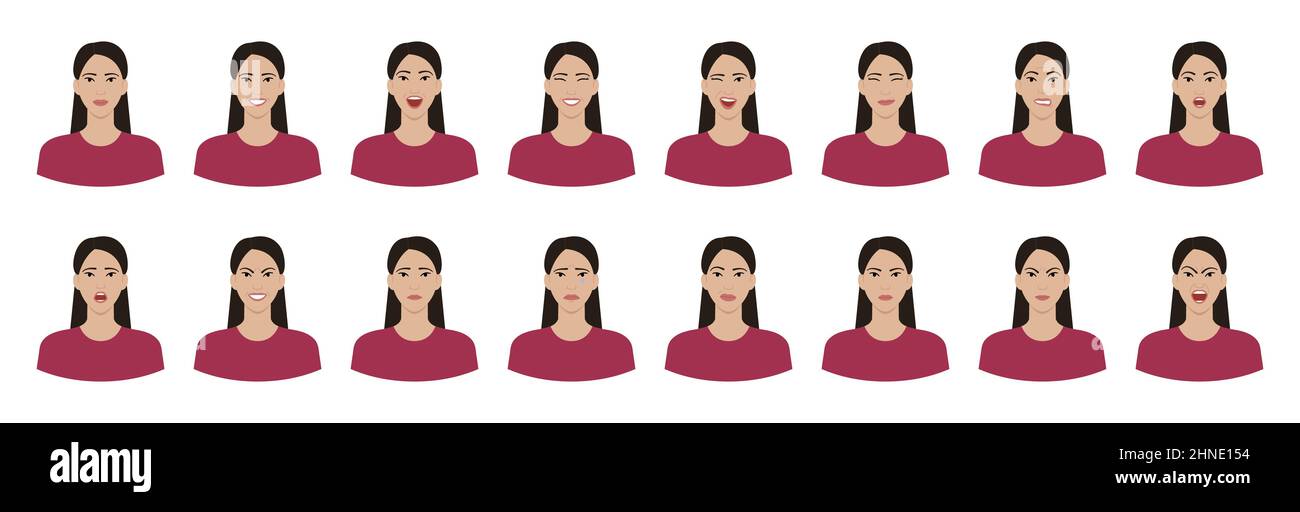 Set of Asian woman emotions. Variations of female facial expressions. Smile, happy, cheerful, surprised, sad, dissatisfied, irate, angry, terrified em Stock Vector