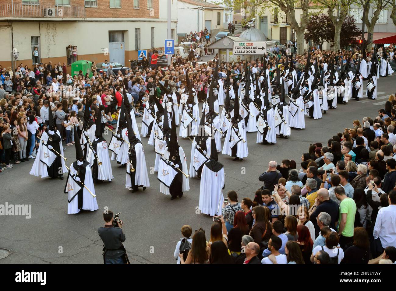 Penitents with clarinets and drums in the Easter Week Procession of the Brotherhood of Jesus in his Third Fall on Holy Monday in Zamora, Spain. Stock Photo