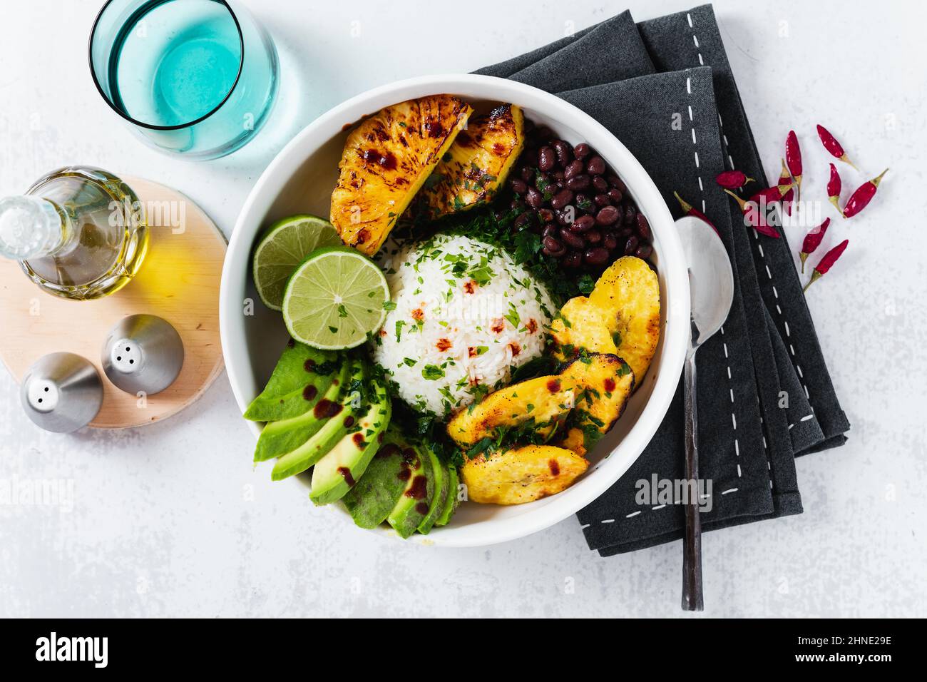 vegan poke bowl with latin american, caribbean ingredients rice